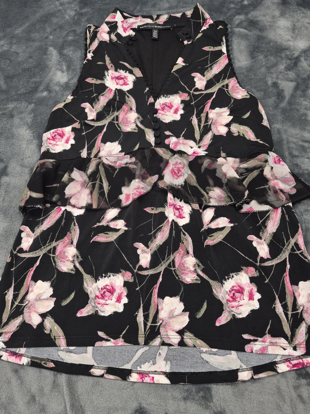 White House Black Market Blouse Size XS Black Floral Cottage Mesh Layers